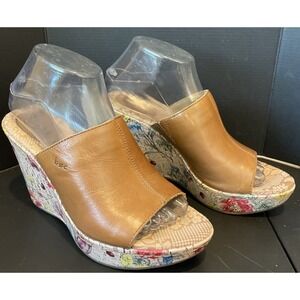 BOC by Born Womens Size 8 Dianna Brown Leather Upper Floral Cork Wedge Sandals‎
